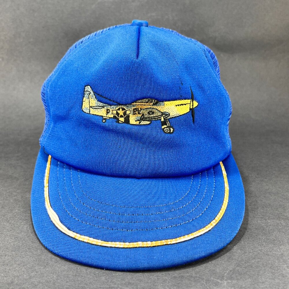 Vtg Mustang P-51 Snap Back Trucker Hat Cap Blue Warbird Logo Mens